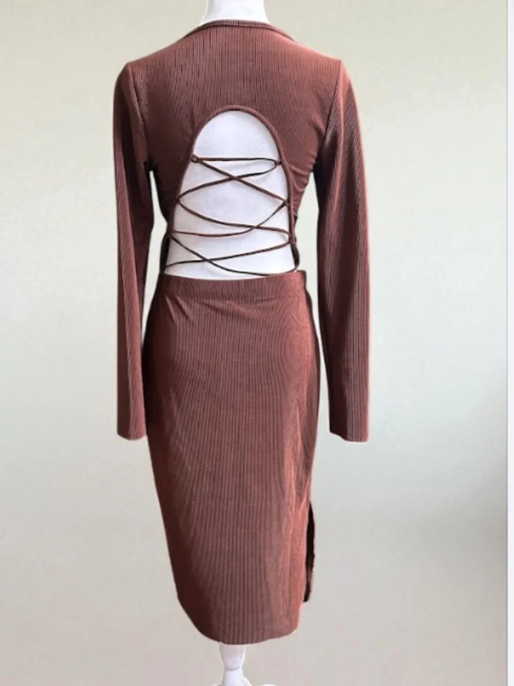 SolyHux Brown Ribbed Two-Piece Skirt Set Open Back Long Sleeve Outfit